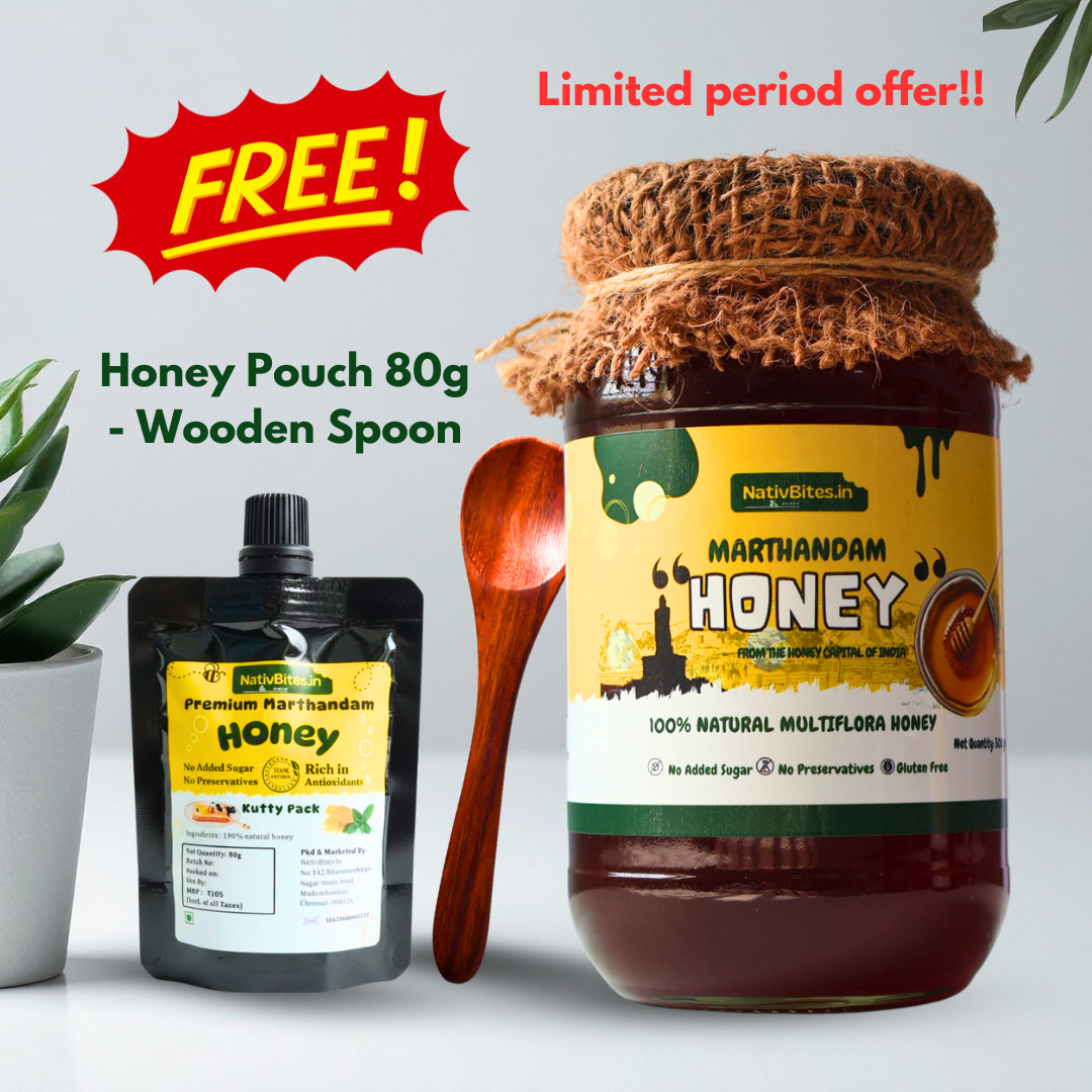 Premium Marthandam Honey 1kg + Free Honey Pouch (80g) & Wooden Spoon