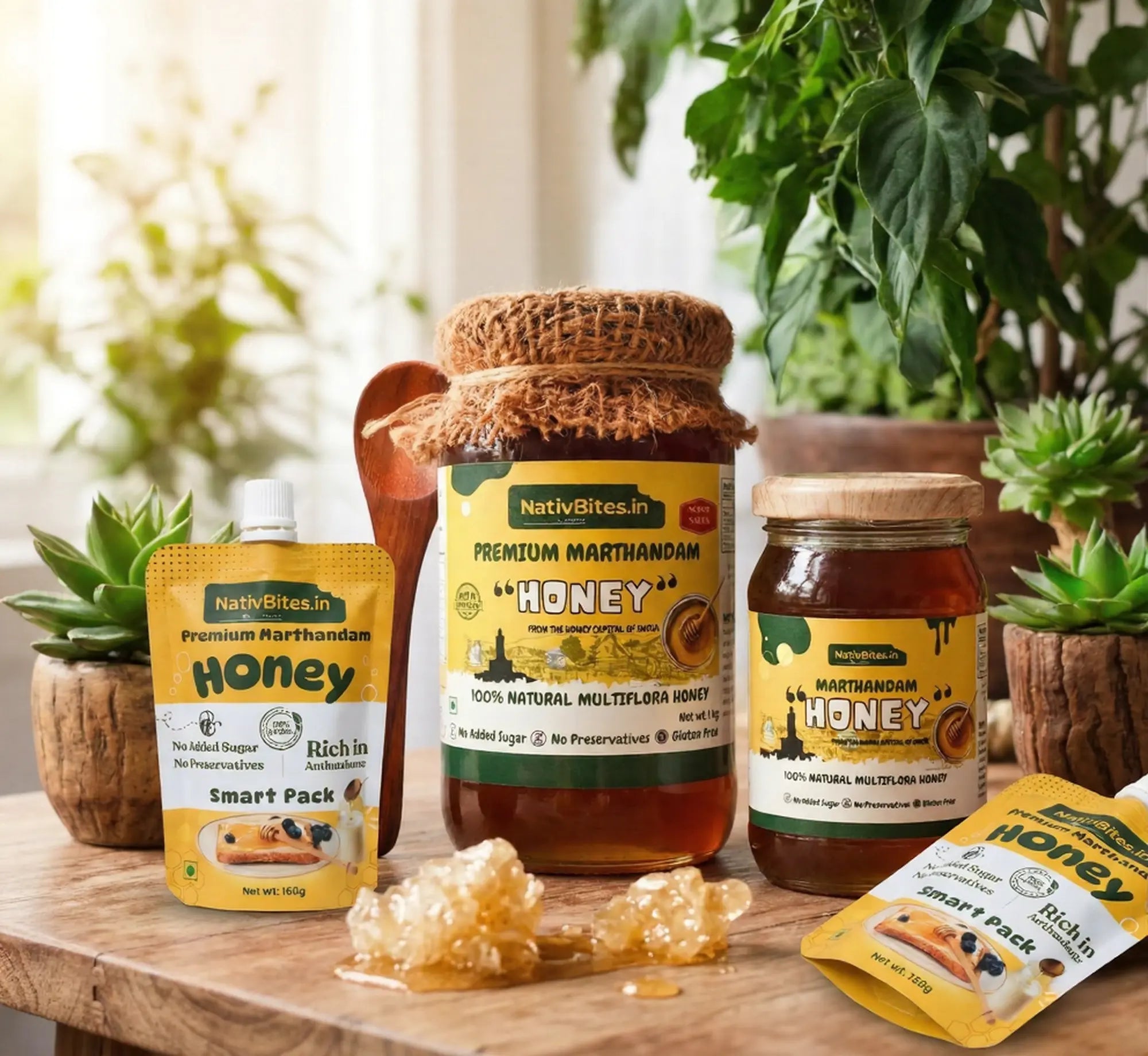 Marthandam Honey All in one pack- Pure Multiflora Honey- 1kg+500g+2* Honey Pouch