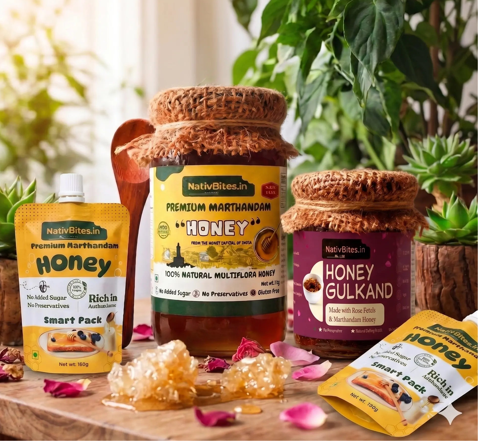 Nativbites Marthandam Honey with packaging on a wooden surface with plants in the background