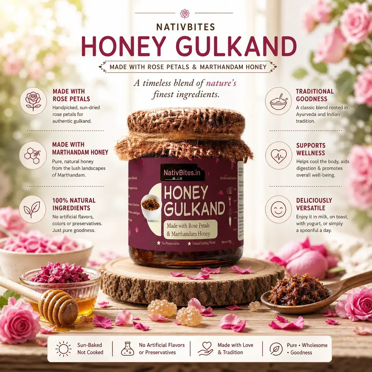 Jar of Nativbites Honey Gulkand with product details and floral background