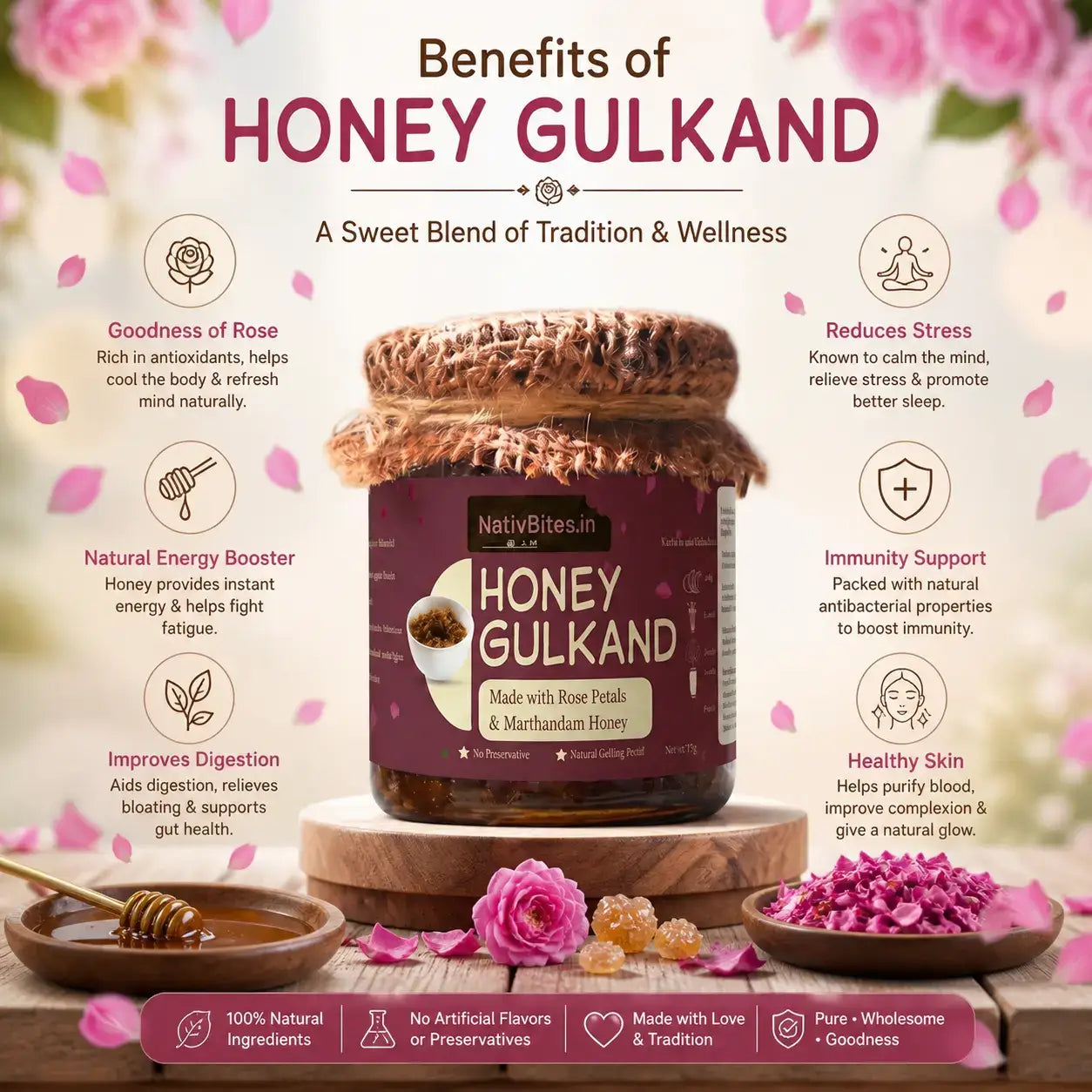 Honey Gulkand product with benefits listed on a decorative background