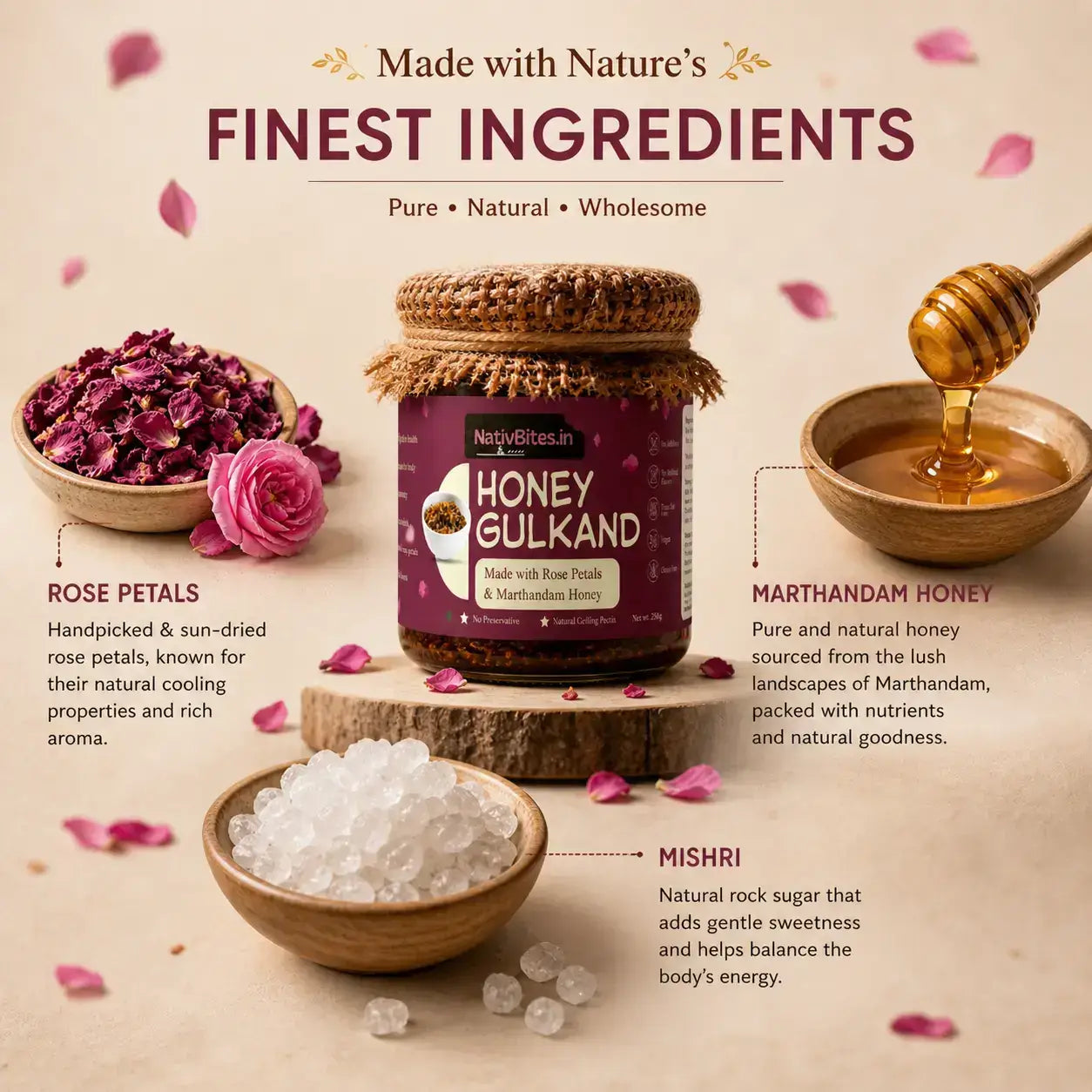Honeyulkand jar with rose petals, marthandam honey, and mishari on a decorative background.