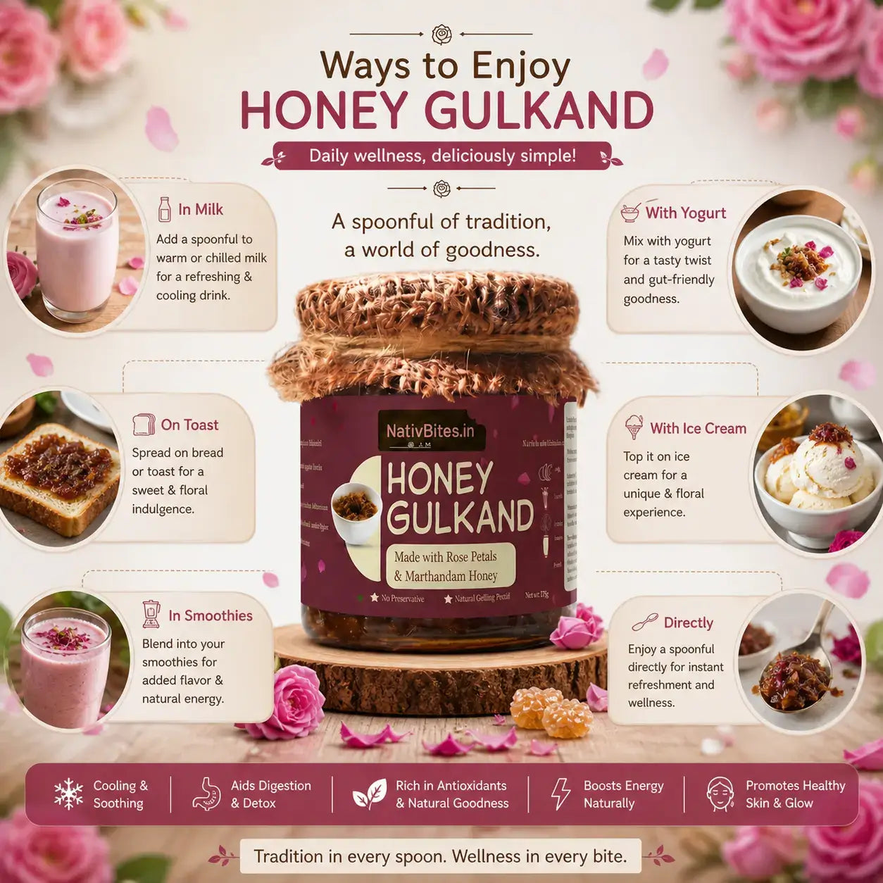 Advertisement for Honey Gulkand with various ways to enjoy it, including text and images of food items.