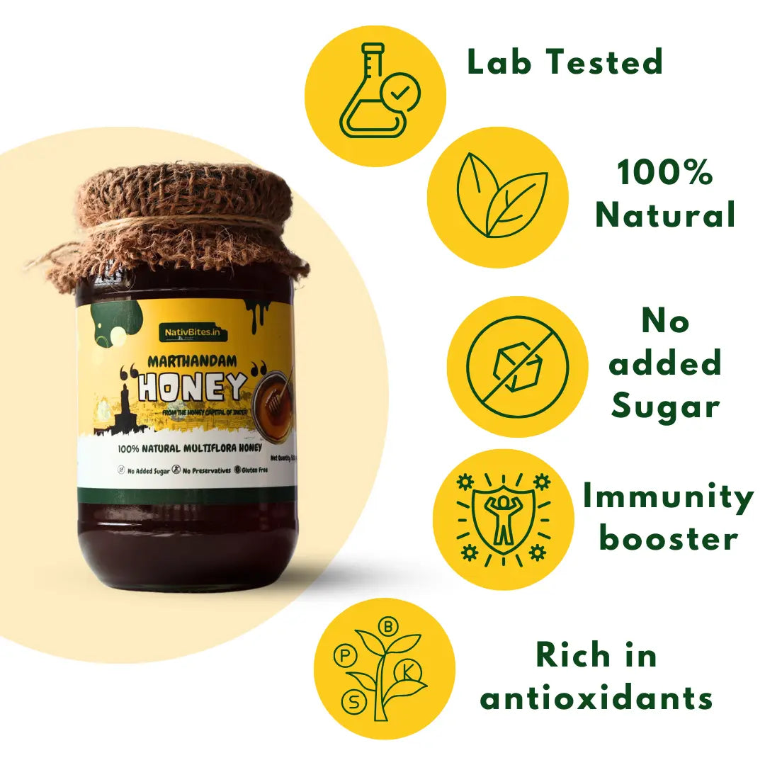 Premium Marthandam Pure Honey (1kg) + Free Honey Pouch (120g) & Wooden Spoon