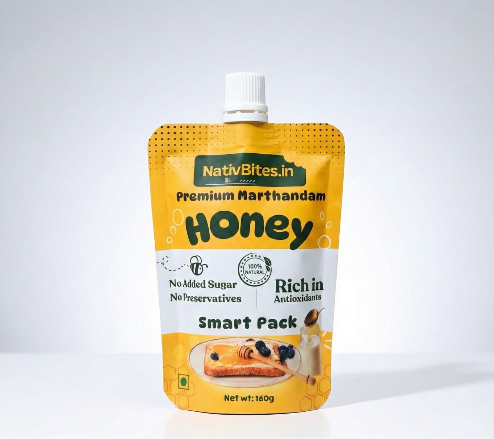 NativBites.in honey pouch  packaging on a white background