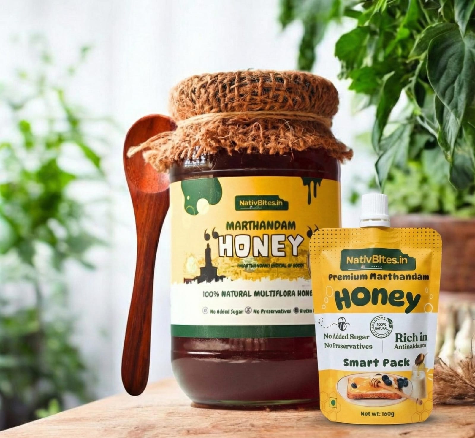 Premium Marthandam Honey 500g with Free Honey Pouch 160g & Free Wooden Spoon
